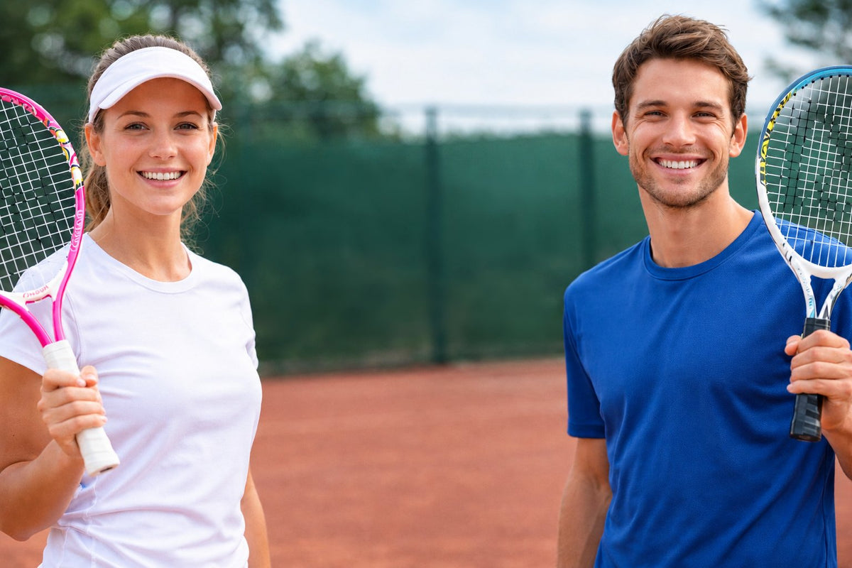 Joueurs adultes avec leur raquette de tennis sur un court