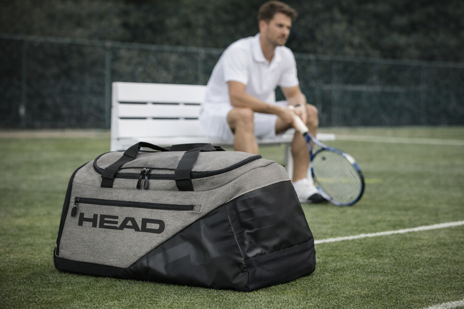 Joueur assis sur un banc avec son sac de tennis HEAD gris/noir