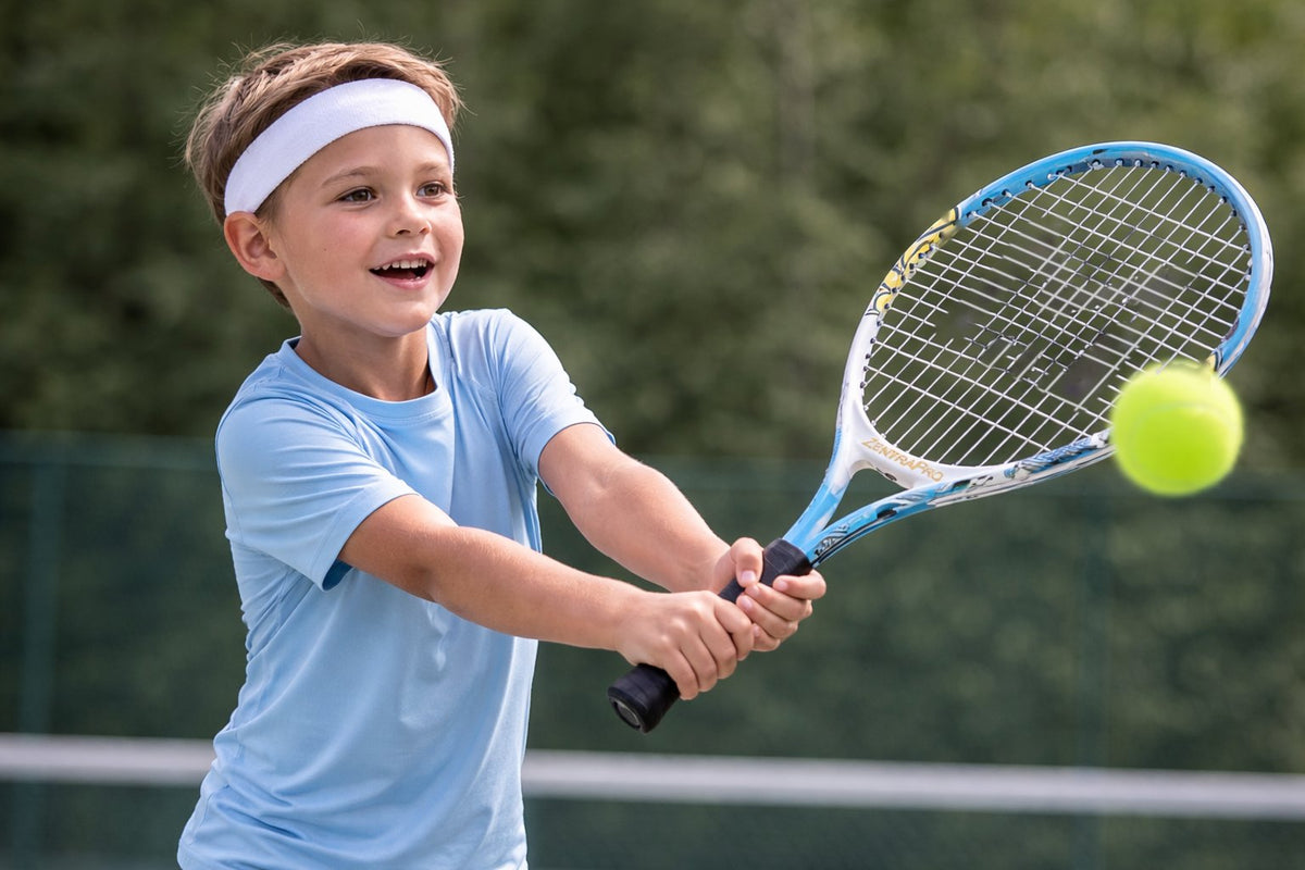 Enfant jouant au tennis avec une raquette junior Zentra Kids bleue